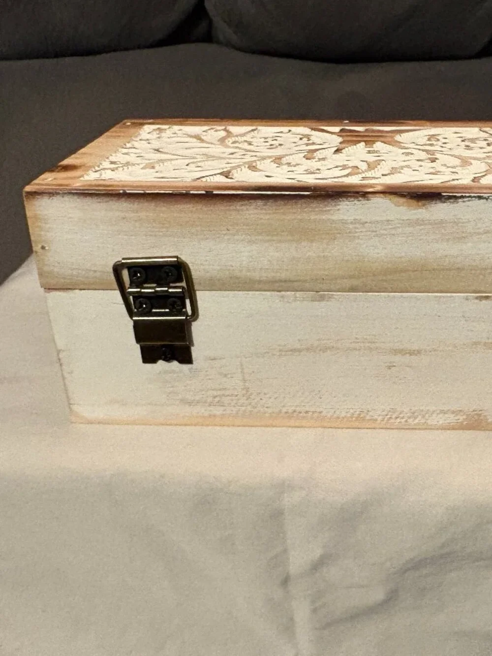 Carved Mango Wooden Box-Rustic Farmhouse w/ Hinged Lid-Whitewashed-8